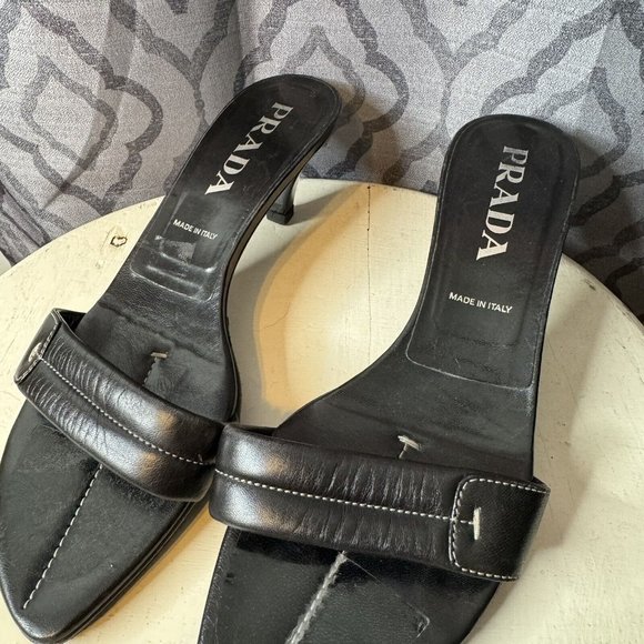 Prada Kitten Heels US 8 Black Open Toe Stitching IT 38 Shoes Women Slip On - Picture 4 of 15